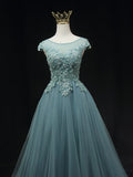 Blue Scoop Neckline Tulle Lace Long Prom Dress, Beautiful Lace Formal Evening Dress HZ1024