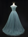 Blue Scoop Neckline Tulle Lace Long Prom Dress, Beautiful Lace Formal Evening Dress HZ1024