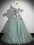 Cute Tulle Lace Long Prom Dress, A-Line Scoop Neckline Off Shoulder Evening Party Dress HZ1024