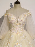 Champagne Tulle Lace Long Prom Dress, A-Line Off the Shoulder Long Sleeve Evening Dress HZ1024