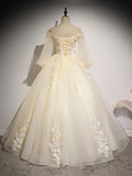 Champagne Tulle Lace Long Prom Dress, A-Line Off the Shoulder Long Sleeve Evening Dress HZ1024