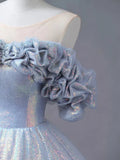 Blue Tulle Sequins Long Formal Dress, Off the Shoulder Princess Dress Sweet 16 Dress HZ1024