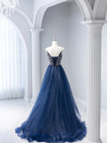 Blue Tulle Beaded Long Prom Dress, A-Line Spaghetti Strap Formal Evening Dress HZ1024