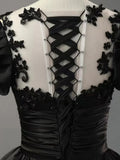 Black Scoop Neckline Satin Lace Long Prom Dress, A-Line Short Sleeve Party Dress HZ1024