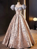 Stylish Floor-Length Printing Prom Dresses, A-Line Short Sleeve Backless Evening Formal Dresses HZ1024