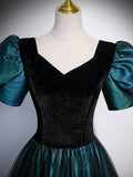 Unique Black Velvet and Tulle Long Prom Dress, A-Line Short Sleeve Evening Party Dress HZ1024