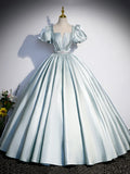 Beautiful Satin Floor Length Prom Dress, A-Line Short Sleeve Evening Party Dress HZ1024