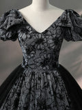 Beautiful Black Rhinestone Flower Prom Dress, Black V-Neck Short Sleeve Evening Dress HZ1024