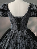 Beautiful Black Rhinestone Flower Prom Dress, Black V-Neck Short Sleeve Evening Dress HZ1024
