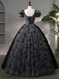 Beautiful Black Rhinestone Flower Prom Dress, Black V-Neck Short Sleeve Evening Dress HZ1024
