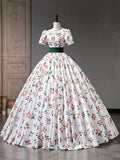 Beautiful Cherry Pattern Long Princess Prom Dress, White A-Line Short Sleeve Evening Party Dress HZ1024