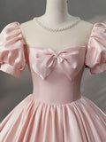 Beautiful Pink Scoop Neck Satin Floor Length Prom Dress, A-Line Short Sleeve Evening Dress with Bow HZ1024