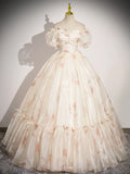 Champagne Floral Tulle Long Prom Dress, Beautiful Short Sleeve A-Line Evening Party Dress HZ1024