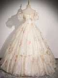 Champagne Floral Tulle Long Prom Dress, Beautiful Short Sleeve A-Line Evening Party Dress HZ1024