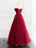 Burgundy Shiny Tulle Long Prom Dress, Beautiful A-Line Off the Shoulder Evening Dress HZ1024