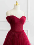 Burgundy Shiny Tulle Long Prom Dress, Beautiful A-Line Off the Shoulder Evening Dress HZ1024