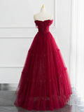 Burgundy Shiny Tulle Long Prom Dress, Beautiful A-Line Off the Shoulder Evening Dress HZ1024