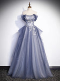 Charming Tulle Sequins A-Line Prom Dresses, Off the Shoulder Floor-Length Formal Dresses HZ1024