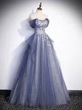 Charming Tulle Sequins A-Line Prom Dresses, Off the Shoulder Floor-Length Formal Dresses HZ1024