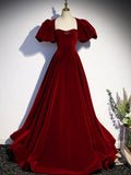 Burgundy Velvet Floor Length Prom Dress, Beautiful Open Back Evening Dress with Pearls HZ1024