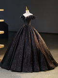 Black V-Neck Floor Length Formal Dress, A-Line Off the Shoulder Evening Party Dress HZ1024