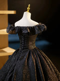 Black V-Neck Floor Length Formal Dress, A-Line Off the Shoulder Evening Party Dress HZ1024