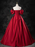 Burgundy Satin Off the Shoulder Formal Dress, A-Line Burgundy Evening Dress HZ1024