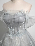 A-Line Off the Shoulder Sparkly Prom Dress, Gray Tulle Corset Floor Length Evening Dress HZ1024