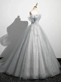 A-Line Off the Shoulder Sparkly Prom Dress, Gray Tulle Corset Floor Length Evening Dress HZ1024