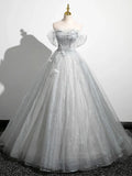 A-Line Off the Shoulder Sparkly Prom Dress, Gray Tulle Corset Floor Length Evening Dress HZ1024
