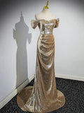Gold Sequins Floor Length Prom Dress, Mermaid Off the Shoulder Evening Party Dress HZ1024