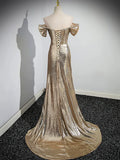 Gold Sequins Floor Length Prom Dress, Mermaid Off the Shoulder Evening Party Dress HZ1024