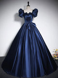 Elegant Blue Satin Floor-Length Prom Dresses, Square Neckline Puffy Short Sleeve Bow Formal Dresses HZ1024