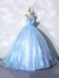 Beautiful Shiny Blue Tulle Long Formal Dress, A-Line Spaghetti Strap Sweetheart Princess Dress HZ1024