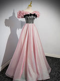 A-Line Shiny Tulle Long Pink Corset Prom Dress, Off the Shoulder Pink Evening Dress HZ1024