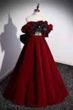 Burgundy Velvet Long Prom Dress, Off the Shoulder A-Line Evening Dress HZ1024