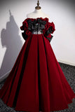 Burgundy Velvet Long Prom Dress, Off the Shoulder A-Line Evening Dress HZ1024