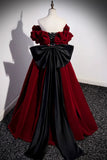 Burgundy Velvet Long Prom Dress, Off the Shoulder A-Line Evening Dress HZ1024