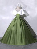 White+Green Satin Floor Length Prom Dress, V-Neck Off the Shoulder Evening Dress HZ1024