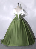 White+Green Satin Floor Length Prom Dress, V-Neck Off the Shoulder Evening Dress HZ1024