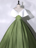 White+Green Satin Floor Length Prom Dress, V-Neck Off the Shoulder Evening Dress HZ1024