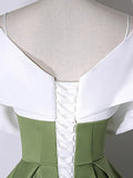 White+Green Satin Floor Length Prom Dress, V-Neck Off the Shoulder Evening Dress HZ1024