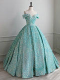 Sparkly Sequin Off the Shoulder Prom Dress, A-line Floor Length Evening Dress HZ1024