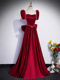 Beautiful Satin Floor Length Prom Dress with Bowknot, Burgundy Short Sleeve Evening Dress HZ1024