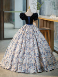 Blue V-Neck Short Sleeve Ball Gown, Blue A-Line Velvet Floor Length Evening Dress HZ1024