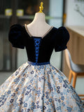 Blue V-Neck Short Sleeve Ball Gown, Blue A-Line Velvet Floor Length Evening Dress HZ1024