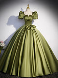Green Satin Short Sleeve Floor Length Formal Dress, Green A-Line Prom Dress HZ1024