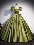 Green Satin Short Sleeve Floor Length Formal Dress, Green A-Line Prom Dress HZ1024