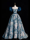 Blue Printed Long Ball Gown, Elegant A-Line Short Sleeve Evening Dress HZ1024