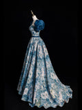 Blue Printed Long Ball Gown, Elegant A-Line Short Sleeve Evening Dress HZ1024